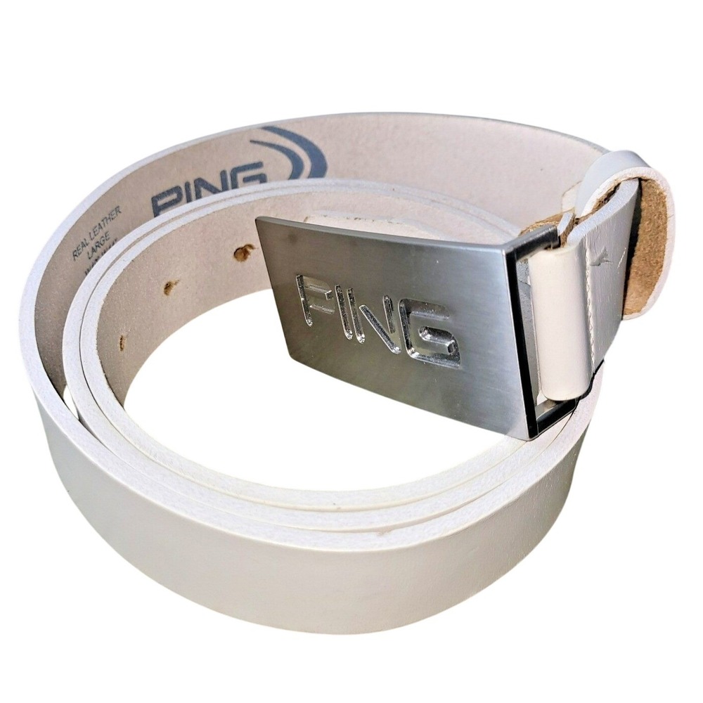 PING Golf Belt 40-44 in Real Leather Large White Silver Buckle Made‎ in UK